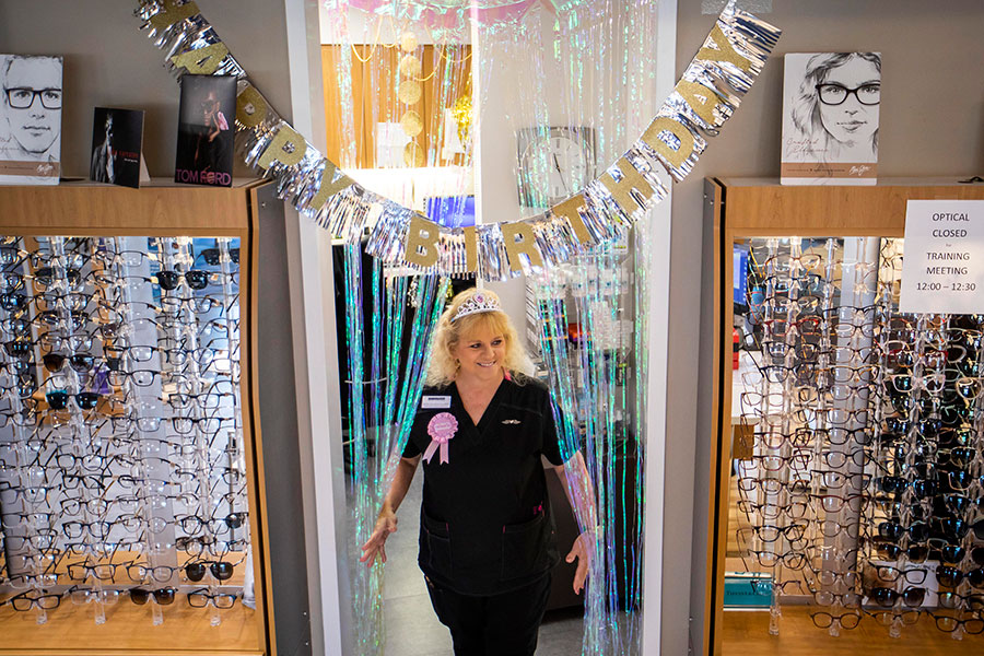 On her 60th birthday, Renee Macdonald arrived at work to find her optical work area completely covered in birthday decoration by her co-workers at Key-Whitman Eye Center.